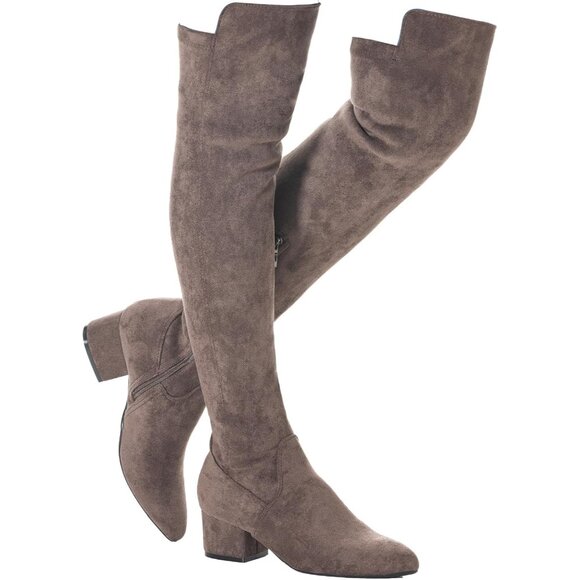 Women Chocolate 2Inch Faux Suede Over The Knee Thigh High Low Block Heel Boot - Picture 1 of 6
